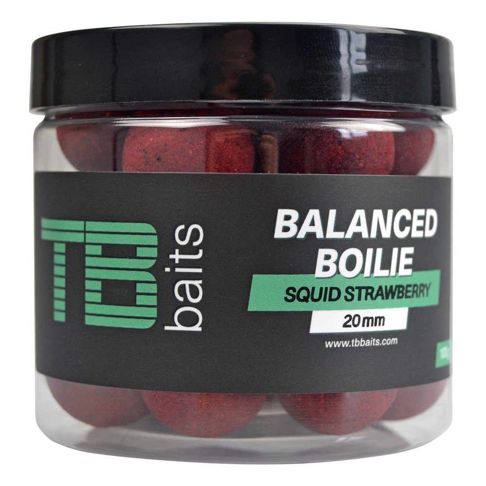 Vyvážené boilie TB Baits Balanced + Atraktor GLM Squid Strawberry 100g 20mm